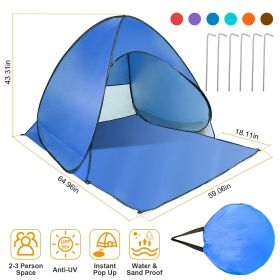 Pop Up Beach Tent Sun Shade Shelter Anti-UV Automatic Waterproof Tent Canopy for 2/3 Man w/ Net Window Storage Bag (Color: Blue)